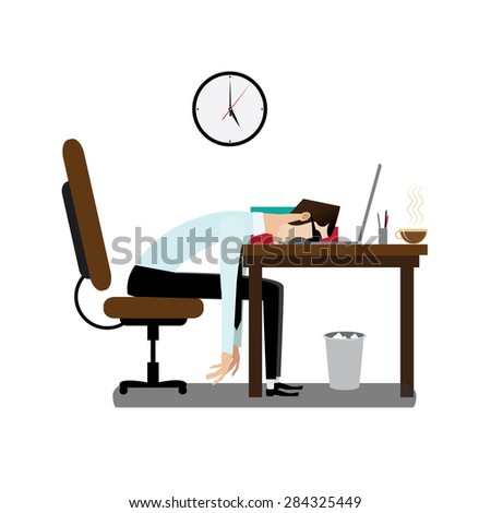 Vector illustration on white background featuring evening, tired office man sleeping at working desk