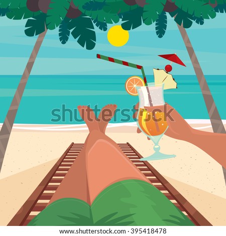 Man lying on a sun lounger by the sea and holding in his hand an exotic cocktail - Beach holidays concept. Vector illustration