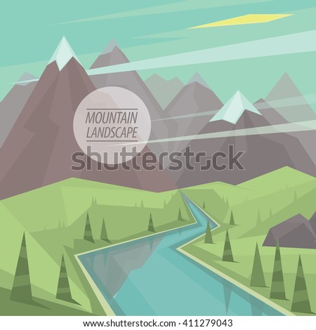 Beautiful summer picturesque mountain landscape with valley, winding mountain river, trees and snowy peaks, in the fashionable flat style and square ratio. Vector illustration