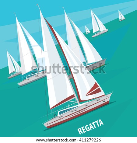 Large number of sailing boats floating right. Side view. Signature Regatta - Race sailing yachts or Parade of ships concept. Vector illustration