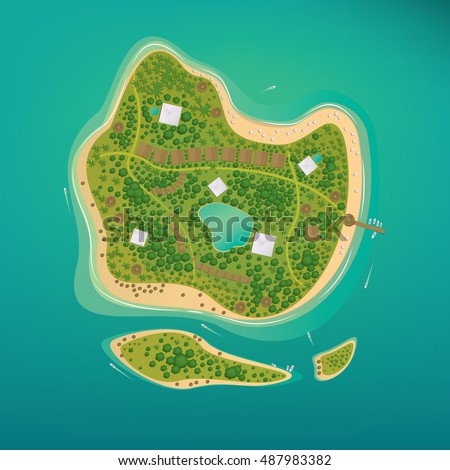 Several different sizes of tropical islands with beaches and houses in the open ocean. Around float boats. Aerial view. Vector illustration