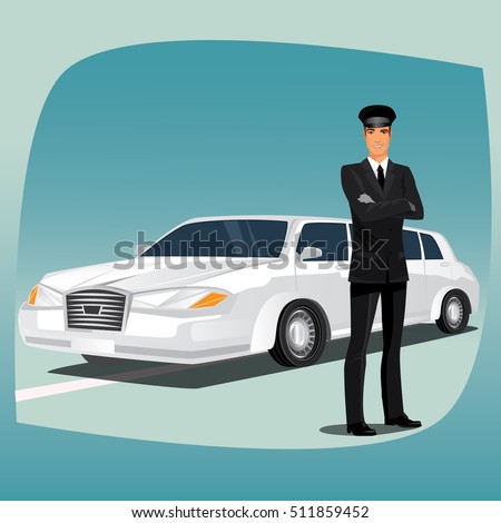 Chauffeur, driver of luxury car, such as limousine or lincoln, standing, dressed in black suit or tuxedo, dress shirt, tie, black leather gloves and hat. Vector illustration ストックフォト © 
