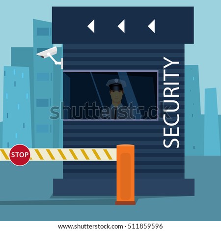Border Passport Control or Security Checkpoint with a Boom Barrier Gate. Traffic police man sitting in sentry box with video surveillance. Cartoon flat style. Vector illustration