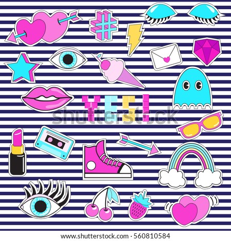 Set of patches, stickers, badges, pins with eye, lips, ice-cream, phrase 