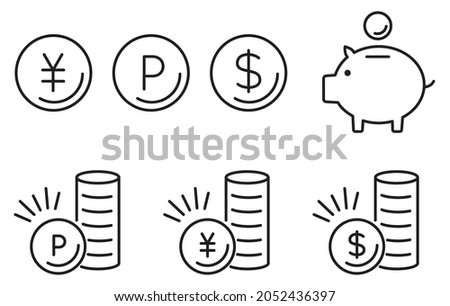 Yen, points, dollar coin and piggy bank line art icon