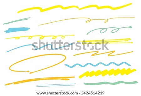 Handwritten pen line decoration (yellow, orange, light blue, yellow-green)