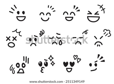 Hand-drawn cute emojis and emoticons with various expressions (black without outline)