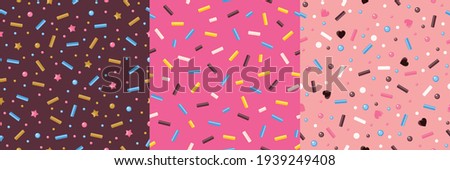 Donut glaze with sprinkling set of seamless patterns. Vector, pink, chocolate, beige colors.