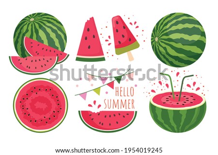 Watermelon set: watermelon cut, half, slices, large watermelon, ice cream, words hello summer. Vector, white background, isolated.