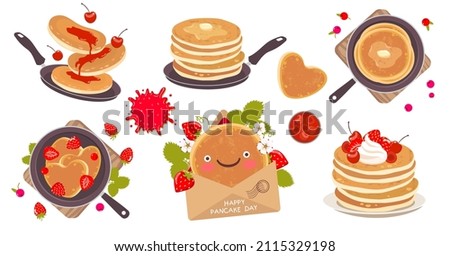 Pancake set with berries. Pancake stack on a frying pan and plate. Vector clipart for Shrove Tuesday.