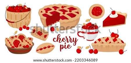 Cherry pie set. A cut pie, a piece, a wicker basket with a berry harvest. Vector illustrated element.