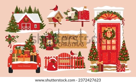 Christmas farmhouse illustrations set. Decorated front door, birdhouse, crested birds, barn, car with gifts in the trunk, wooden sign, red vintage lantern, Santa mailbox. Isolated vector clipart.