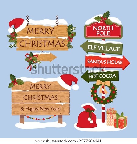 Christmas elements set. Snow-covered wooden signs and signs. A road sign with the text Merry Christmas and Santa hat. Illustrated vector clipart.