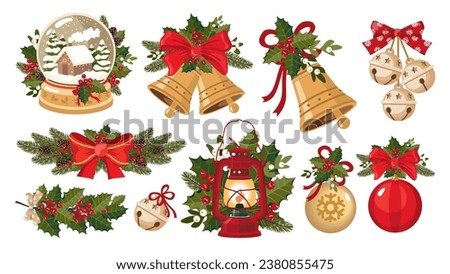 A large set of Christmas decorations. Fir garland, snow globe, bells, holly, mistletoe, glass balls, vintage lantern. Illustrated vector clipart.