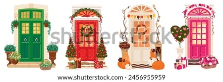 A set of entrance doors decorated for various holidays - Christmas, Thanksgiving, Valentine's Day. Different entrance doors with decorations of house plants, garlands, wreaths and others. Vector.