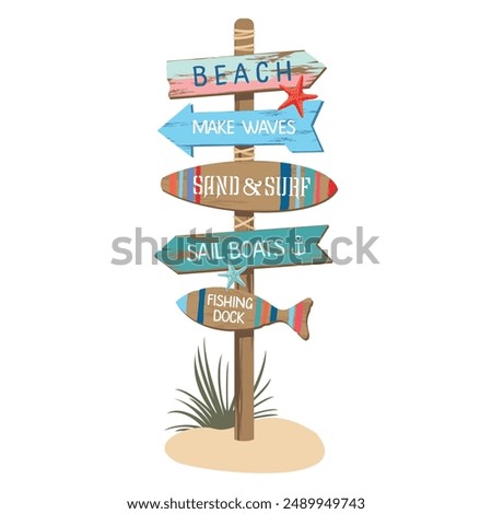 Beach marine sign with arrows and inscriptions - beach, sand and surf, sailing boats, fishing pier. A bright wooden beach road sign with signs. Illustrated vector clipart.