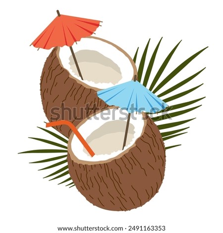 Two coconut nuts with a straw and a palm leaf. A summer coconut cocktail made from half a split coconut. A split coconut with a straw and an umbrella. Illustrated vector clipart.