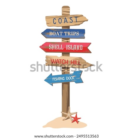 Coastal beach signpost with arrows and inscriptions - the coast, boat trips, shell island, fishing dock. Marine coastal wooden pointer with arrows. Illustrated vector clipart.