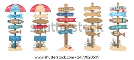 Beach nautical signpost set. Various signs with arrows and lettering - welcome to paradise, beach, sand and surf, swimming. Empty wooden beach pointer. Illustrated vector clipart.