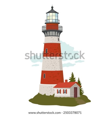 A red and white lighthouse on the coastline.  A marine landscape with a lighthouse, trees and a house. A coastal scene with a Beacon. Illustrated vector clipart.