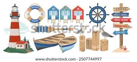 Marine nautical elements set.  Seagulls on poles. A beach signpost with arrows. A lifebuoy with an inscription. Waterfront houses. A coastal scene with a lighthouse and boats. Illustrated clipart. 