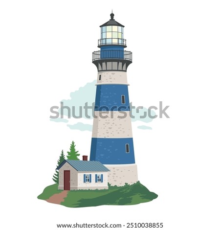 A seascape with a lighthouse and a house. A blue and white lighthouse on the coast.  A coastal scene with a lighthouse. Illustrated vector clipart.