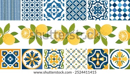 A set of Mediterranean tiles, lemons, borders. Ceramic tiles with an Italian stylized pattern. Seamless horizontal pattern. Seamless border made of lemon fruits and tiles. Illustrated vector clipart. 