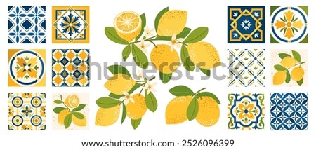 A set of Mediterranean tiles and lemons on the branches. Ceramic tiles with an Italian stylized pattern. Lemon fruits on the branches, lemon flowers. Illustrated vector clipart.