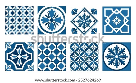 A set of ethnic Mediterranean blue tiles. Ceramic tiles with an Italian stylized pattern. Illustrated vector clipart. 
