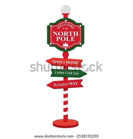 North Pole road sign with arrows. Christmas directional sign with lantern and arrows Santa's home, candy cane line, reindeer road. Illustrated vector clipart.