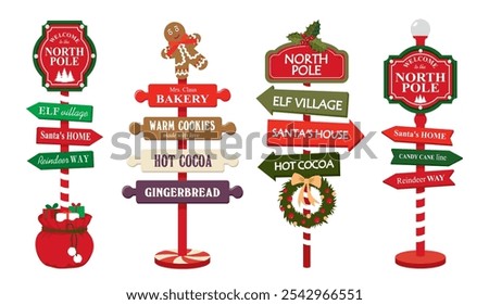 Set of Christmas road signs with arrows and inscriptions. North pole, Santa's house, elf village on wooden road sign. Illustrated vector clipart.