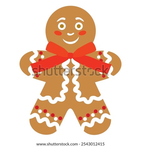 Gingerbread man with a bow. Christmas gingerbread man. Traditional Christmas decorative cookies. Illustrated vector clipart.