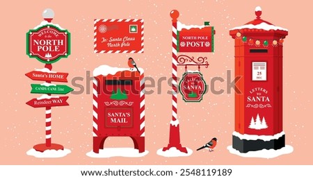 A set of Christmas mailboxes and road signs. Santa Claus's mailbox at the North Pole in a snowfall. Vintage mailboxes for letters with wishes. The Christmas pointer. Illustrated vector clipart.