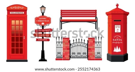 A Christmas set of a red telephone booth, a mailbox, a bench, a lantern, a pointer, a gate with a fence. Traditional street elements of London at Christmas. Illustrated vector clipart.