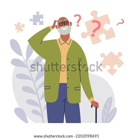 Elderly man with Alzheimer's disease. Grandpa with a cane has memory loss, difficulty concentrating, and problems with planning and thinking. Senior man with question marks, puzzles and plants. Vector