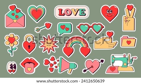 Cute set of Valentine's Day stickers. Retro groovy style. Romantic items about love. Vector isolated stickers, patches or pins. Image: loudspeaker, daisies, speech bubble, sewing machine, lock love