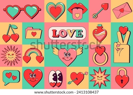 Seamless pattern with retro groovy elements about love. Card, cover, pattern for Valentine's Day. Images: heart with wings, glasses, rainbow, star, eyes, envelope, lips with tongue, arrow. Vector