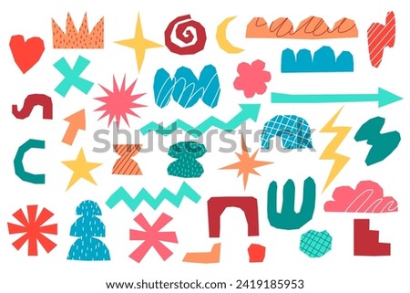 Set of cut out elements isolated. Cut out of colored paper for collages. Modern abstract elements for design. Trendy random shapes. Vector illustration.