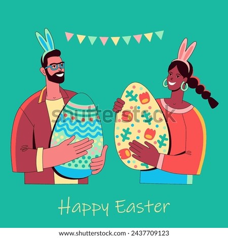Woman and  man in bunny ears with huge Easter eggs on an emerald background. Easter egg hunt. Happy Easter greeting card. Flat characters celebrate holiday. Vector illustration.