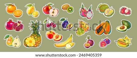 Set of fruit stickers, patches, pins. Pineapple, fig, papaya, banana, rambutan, kiwano, passion fruit, avocado, pitaya, durian, carambola, apple, pear, peach and others. Colorful fruits in cartoon