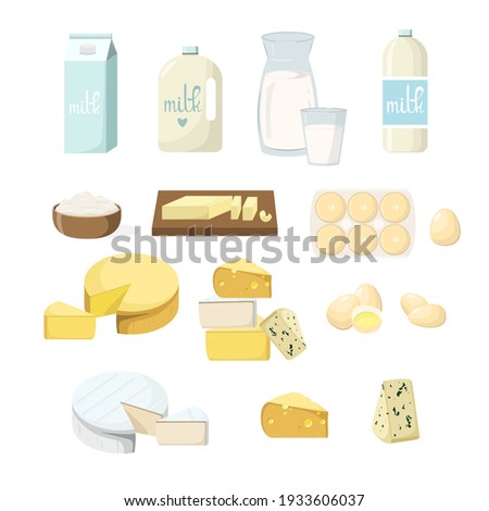 Set of dairy products. Milk in different packages, butter, cottage cheese, cheese. Parmesan, camembert, blue cheese, gouda. Raw eggs, whole and broken, eggs in a box