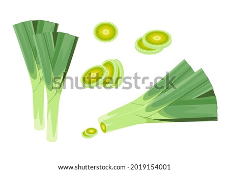 Set of leeks on a white background. Whole and chopped vegetable.