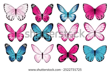 A set of pink and blue butterflies on a white background. Vector illustration.
