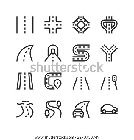 Road icons set in a linear style on the theme of road fork, highway, tunnel, street, way for vehicles. Roads sections of different shapes. Editable stroke width