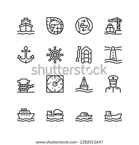 Seaport, linear style icons set. Port for ships, maritime industry, seafaring. Boat, passenger liner, crossing, yacht, cargo ship. Editable stroke width