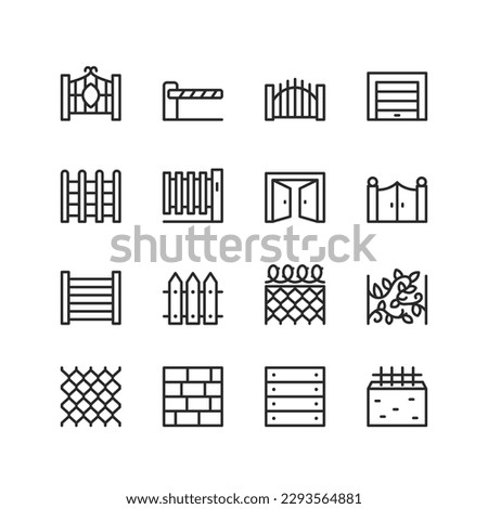 Fence and gate, linear style icons set. Fencing for home or cottage. Various materials and designs. Editable stroke width