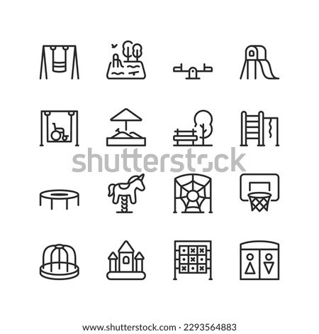 Playground, linear icons set. Place for children to play and develop. Rides and equipment. Park games and activities. Swing, slide, for the disabled, sandbox, park, toilet, etc. Editable stroke width