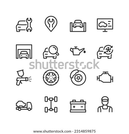 Car service, linear style icons set. Car repair, spare parts. Service station. Diagnostics, adjustment, replacement, installation of car parts. Equipment and tools for repair. Editable stroke width