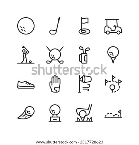 Golf, linear style icons set. Golf paraphernalia. Clubs, balls, gloves, caps, flag. Sports game, leisure. Editable stroke width