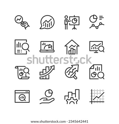Data analytics, linear style icons set. Analyzing metrics, graphs and charts. Analytical tools. Visualization of results. Information for success strategy. Editable stroke width Foto stock © 